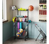 Garage Sports Equipment Organizer Metal Ball Storage Rack with Wheels 4-Layer Rolling Basketball Football Storage Cart with Shelves Baskets Hooks for Soccer Volleyball Baseball Tennis Indoor Outdoor