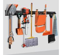 Garage Tool Storage Rack, Wall Organization Hanger with 4 Mop Holder and 8 PCs 8-inch Hooks, Organizer Holders for Landscaping Equipment, Hedge Trimmer, Brooms, Hoses, Folding Chairs, Ladders, etc.