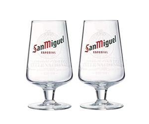 GarageBar | San Miguel Glass | Nucleated Stemmed Chalice Beer Glass | Official Merchandise | Comes with 2X Beer Drip Mats (2, Pint/20oz)