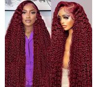 GARAXIS 33 x 15 cm 99J Burgundy HD Lace Front Human Hair Wigs 250% Density Deep Wave Lace Front Wig 100% Human Hair for Black Women Curly Frontal Wig No Shedding 26 Inches