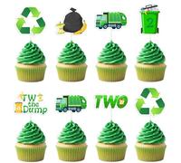 Garbage Truck 2nd Birthday Cupcake Toppers 36pcs Green Two The Dump Cake Decors Trash Truck Second Birthday Decorations Rubbish Truck Waste Management Recycling Dustbin Bday Baby Shower Party Supplies