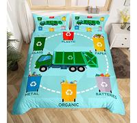 Garbage Truck Bedding Set Double Size For Boys Retro Green Trash Truck Duvet Cover For Kids Teens Girls Colorful Recycle Waste Bins Comforter Cover Waste Separation Quilt Cover With 2 Pillowcase