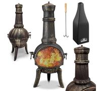GARDEBRUK® Chiminea Cast Iron Patio Stove with Cover & Poker | La Hacienda Mexican Log Burner | Outdoor Garden Fire Pit | Terrace Fireplace | Wood Burning | Brazier Heater 28kg 112cm Black