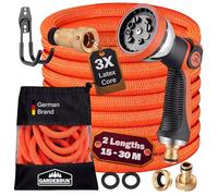 GARDEBRUK® Garden Hose Pipe | 15m Gardening Flexi Hose | Latex Core | Solid Brass Connections ¼' ¾ 'Inch Adapter | Includes Bag & Wall Mount Bracket | 8-Way Adjustable Spray Gun | Orange