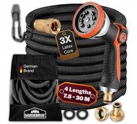 GARDEBRUK® Garden Hose Pipe | 22m Gardening Flexi Hose | Latex Core | Solid Brass Connections ¼' ¾ 'Inch Adapter | Includes Bag & Wall Mount Bracket | 8-Way Adjustable Spray Gun | Black