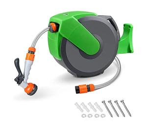 Gardebruk Wall Mounted Retractable 20 Metre Garden Hose Reel | 2 Metre Connection Hose | Multifunction 7-Way Spray Head | Automatic Rewind Garden Water Reel | Re-Positionable Hose Brake | 180 Swivel