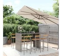 Garden Bar Set 145x80x110cm Grey PE Rattan & Acacia Wood 6-Piece Outdoor Patio