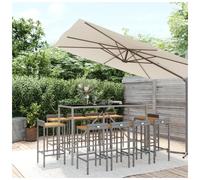 Garden Bar Set 3pc Grey PE Rattan & Acacia Wood with Tempered Glass Sturdy 110cm