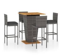Garden Bar Set 5pc Grey PE Rattan with Acacia Wood Top 80x80x110cm Outdoor Patio