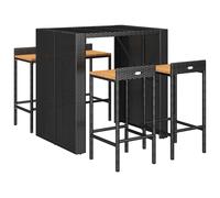 Garden Bar Set Grey PE Rattan 4 Acacia Wood Stools Tempered Glass 105x80x110cm.