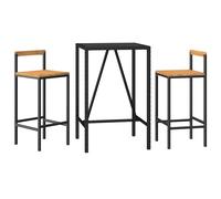 Garden Bar Set Black PE Rattan 70x70x110cm Table +2 Stools Wood BackrestGlassTop