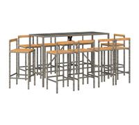 Garden Bar Set 180cm Grey PE Rattan & Acacia Wood Bar Table Chairs Glass Top Stl