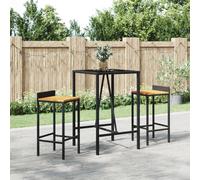 Garden Bar Set Black 70x70x110cm Table, 2 PE Rattan Stools, Acacia Seats w/Glass
