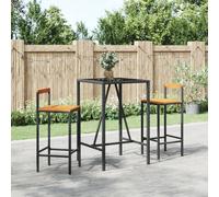 Garden Bar Set Black PE Rattan 70x70x110cm Table +2 Stools Wood BackrestGlassTop