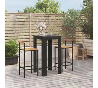 Garden Bar Set Black PE Rattan & Acacia Wood 60.5x60.5x110.5cm Table +2 Stools.