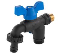 Garden Bib Double Tap 1/2" BSP Male - Dual Outlet Outdoor Water Faucet with Two Valves and Hozelock Compatible Hose Connector - Durable Wall Faucet for Garden, Yard, Greenhouse, Irrigation, Watering