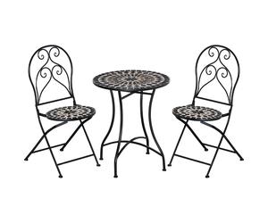 Garden Bistro Set 3PC Black Metal & Ceramic 60x60x71cm Mosaic Tile FoldableSeats
