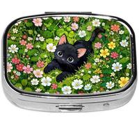 Garden Cat Pill Box 2 Compartment Small Pill Case,Portable for Pocket or Purse Pill Organizer Pill Container Holder with Mirror to Hold Vitamins, Medication, Fish Oil and Supplements