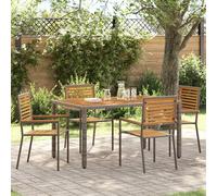 Garden Chair Set 4pc Brown Grey Acacia Wood PE Rattan Stackable Slim 56x54x90cm