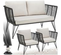 Tectake Garden Furniture Set Sundo - 2 Armchairs, Sofa, Thick Cushions, Removable Cushion Covers - Anthracite