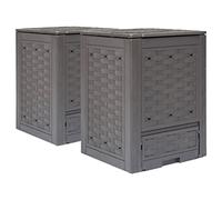 Garden Composter Pack of 2 Brown 60 x 60 x 83 cm Plastic Rattan 600 L Compost Container with Ventilation and Split Lid for Garden Waste and Organic Waste Composting