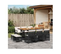 Garden dining set 10pc Black PE rattan with acacia top 165x106x73cm cream seats