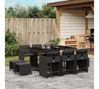 Garden dining set 11pc Black PE rattan 165x106x73cm tempered glass top +cushions