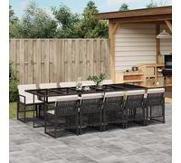 Garden Dining Set 11pc Black Rattan 275x106x73cm Tempered Glass & Cushions Cream