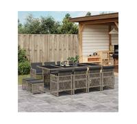 Garden Dining Set 12pc Grey PE Rattan Tempered Glass Table 220x106x73cm Cushions