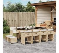 Garden Dining Set 13pc Beige PE Rattan 220x106x73cm Tempered Glass Foldable Cush