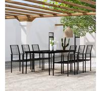Garden Dining Set 200cm Black Glass Top Powder-Coated Steel PVC Rattan 6-Seater