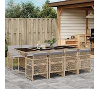 Garden Dining Set 220x106x73cm Beige PE Rattan, 8pcs Chairs, Light Grey Cushions