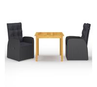 Garden Dining Set 3-Piece Black PE Rattan Solid Acacia 85cm Table Grey Cushions