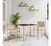 Garden Dining Set 3pc Beige Poly Rattan 90x90x75cm Tempered Glass Top 2-Seater