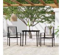 Garden Dining Set 3pc Black 80cm Glass Table PVC Rattan Chairs Powdercoat Steel