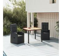 Garden Dining Set 3pc Black PE Rattan Steel Acacia Table 90x90x75cm Reclining XL