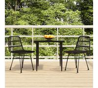 Garden Dining Set 3pc Black PE Rattan Steel Frame 80cm Glass Table & Chairs Cozy
