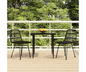 Garden Dining Set 3pc Black PE Rattan Steel Frame 80cm Glass Table & Chairs Cozy