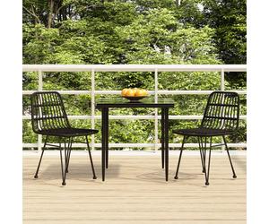 Garden Dining Set 3pc Black PE Rattan Steel Frame 80cm Glass Table & Chairs Cozy