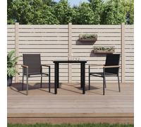 Garden Dining Set 3pc Black Textilene Steel Tempered Glass 80cm Square Table x2