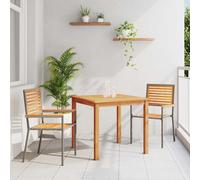 Garden Dining Set 3pc Grey Poly Rattan & Solid Acacia Wood 85x85cm Table Seats 2