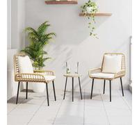Garden dining set 3pc Natural poly rattan 2-seater with cushions table 35x45cm.