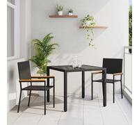 Garden Dining Set 3pcs Black Poly Rattan 90x90x75cm Tempered Glass Top Steel Arm