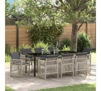 Garden Dining Set 4-Seater Light Grey Poly Rattan Tempered Glass 80x80cm w/Arms