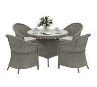 Garden Dining Set 4pcs Grey PE Rattan Steel Glass 102cm Table Cushions Armchairs