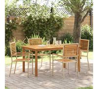 Garden Dining Set 5-piece Beige Poly Rattan with 150cm Solid Acacia Wood Table.