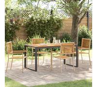 Garden dining set 5-piece Beige Poly Rattan with Acacia Wood 160 cm Rectangular