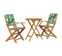 Bistro Set Solid Acacia 60x75cm Foldable Table & 2 Green Leaf Pattern x2 Chairs