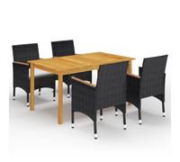 Garden Dining Set 5pc Black PE Rattan & Acacia Wood 150cm Table Cream Cushionsx5