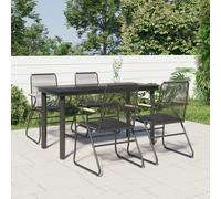Garden Dining Set 5pc Black PVC Rattan 160cm Tempered Glass Top Steel with Arms.